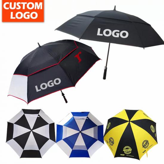 Kundenspezifischer Großhandelsgolf-Regenschirm Mehrseitiger Druck Persönlichkeits-Logo-fördernder Regenschirm
 